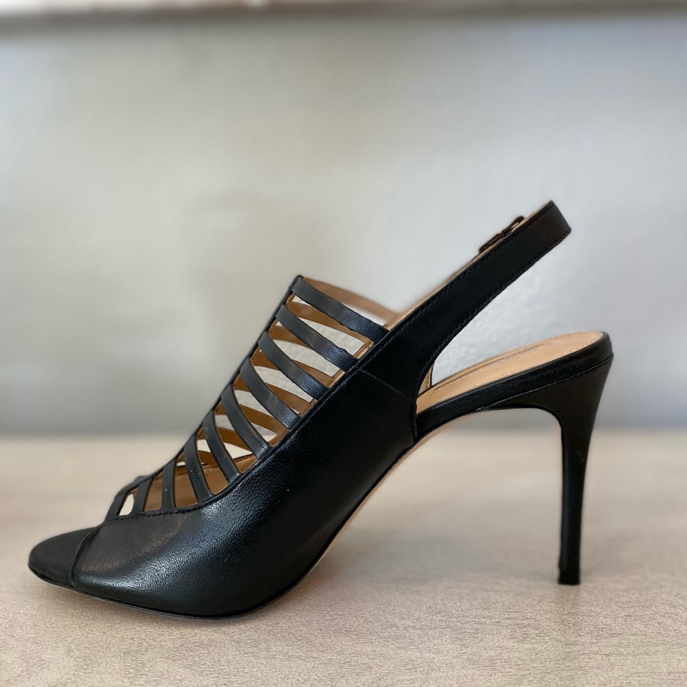 Antonio Melani-Pearta, Black Leather 4” Stiletto Sling Backs, Peep Toe size 10